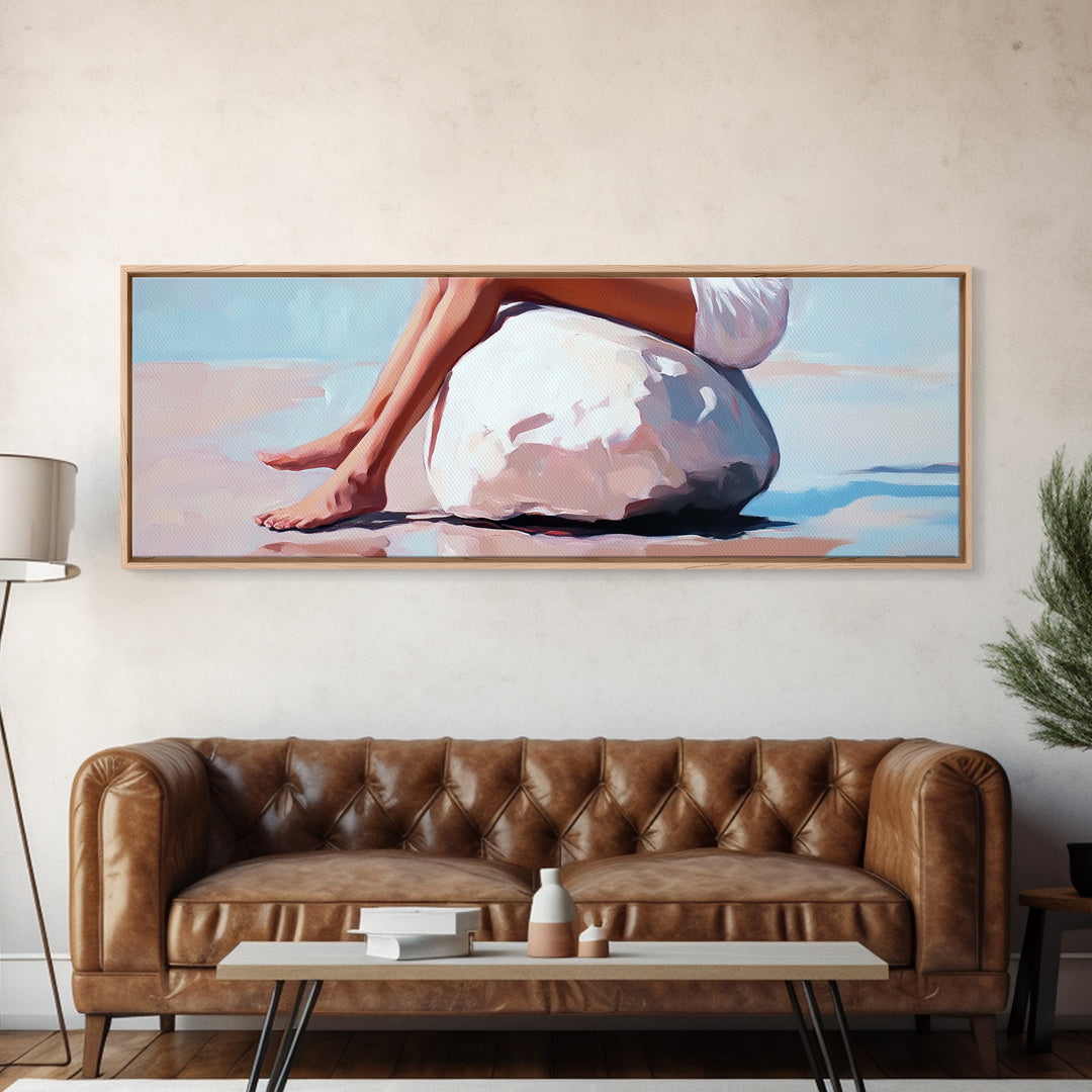 Beach Serenity, Woman Relaxing, Coastal Aesthetic, Framed Canvas Print, Minimalist Art, Boho Decor, Bedroom Wall Art, Summer Art