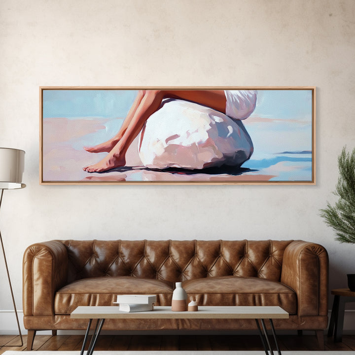 Beach Serenity, Woman Relaxing, Coastal Aesthetic, Framed Canvas Print, Minimalist Art, Boho Decor, Bedroom Wall Art, Summer Art