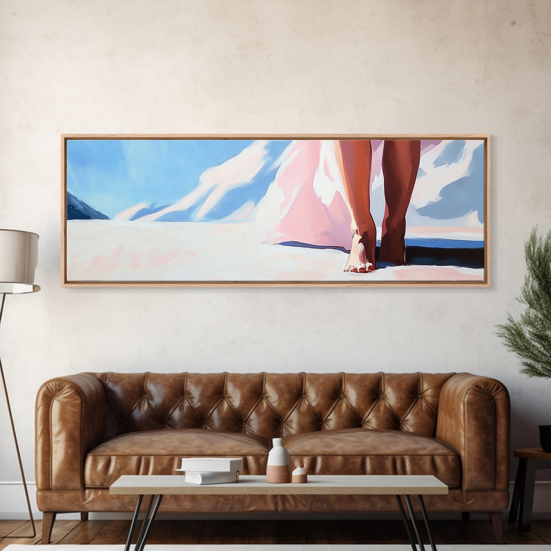 Barefoot Walk, Snowy Path, Winter Serenity, Canvas Print, Soft Pastel Art, Minimalist Aesthetic, Cozy Wall Art, Feminine Decor
