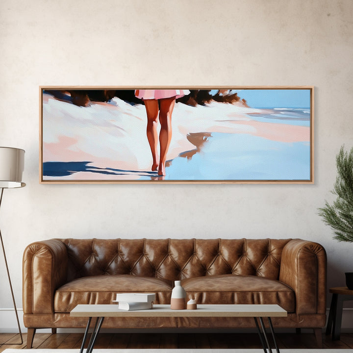 Romantic Reflection, Sand and Sea, Dreamy Pastels, Framed Canvas Print, Coastal Art, Beach House Decor, Serene Aesthetic Painting