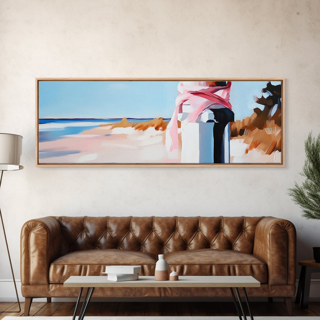 Coastal Fence Art, Beach Landscape Print, Pastel Ocean Painting, Minimalist Seaside Decor, Large Canvas Print, Modern Home Wall Art