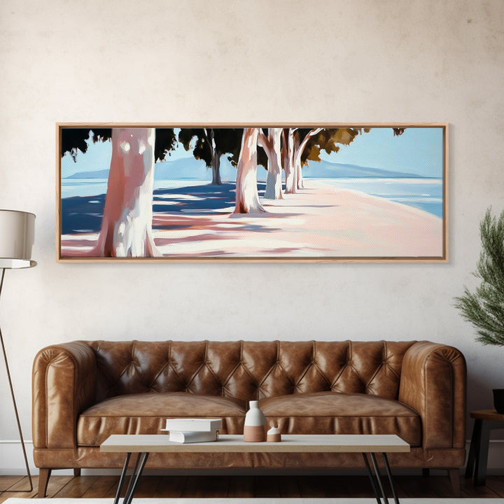 Tree Lined Path, Coastal Art, Scenic Landscape, Framed Canvas Print, Office Wall Art, Minimalist Nature Decor, Modern Impressionism