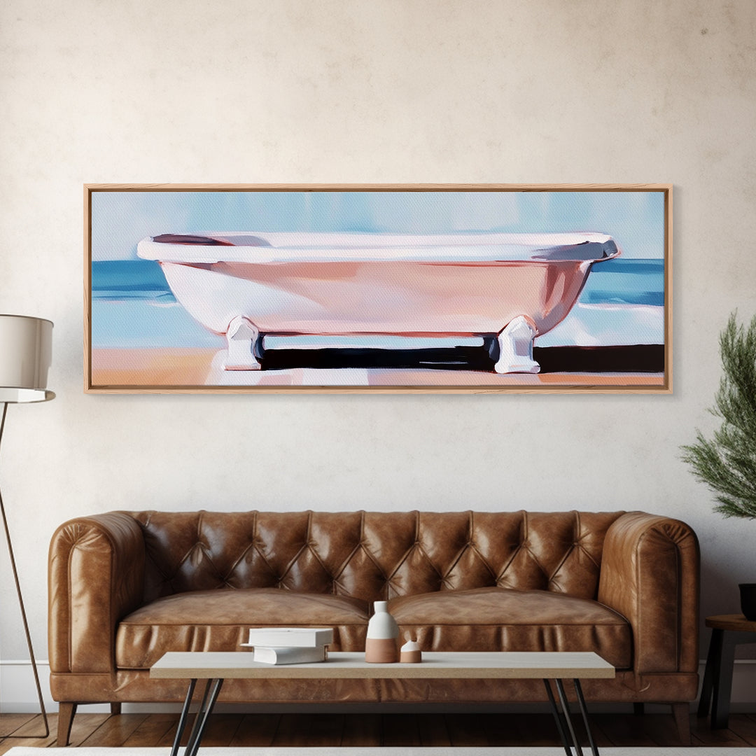 Clawfoot Tub, Coastal Art, Bathroom Wall Art, Modern Decor, Minimalist Painting, Ocean Art, Beach House, Framed Canvas Print