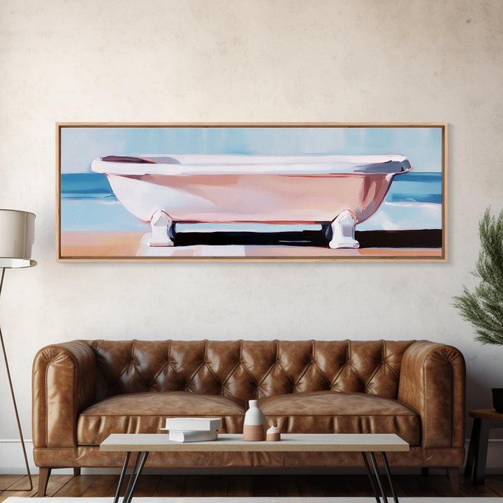 Clawfoot Tub, Coastal Art, Bathroom Wall Art, Modern Decor, Minimalist Painting, Ocean Art, Beach House, Framed Canvas Print