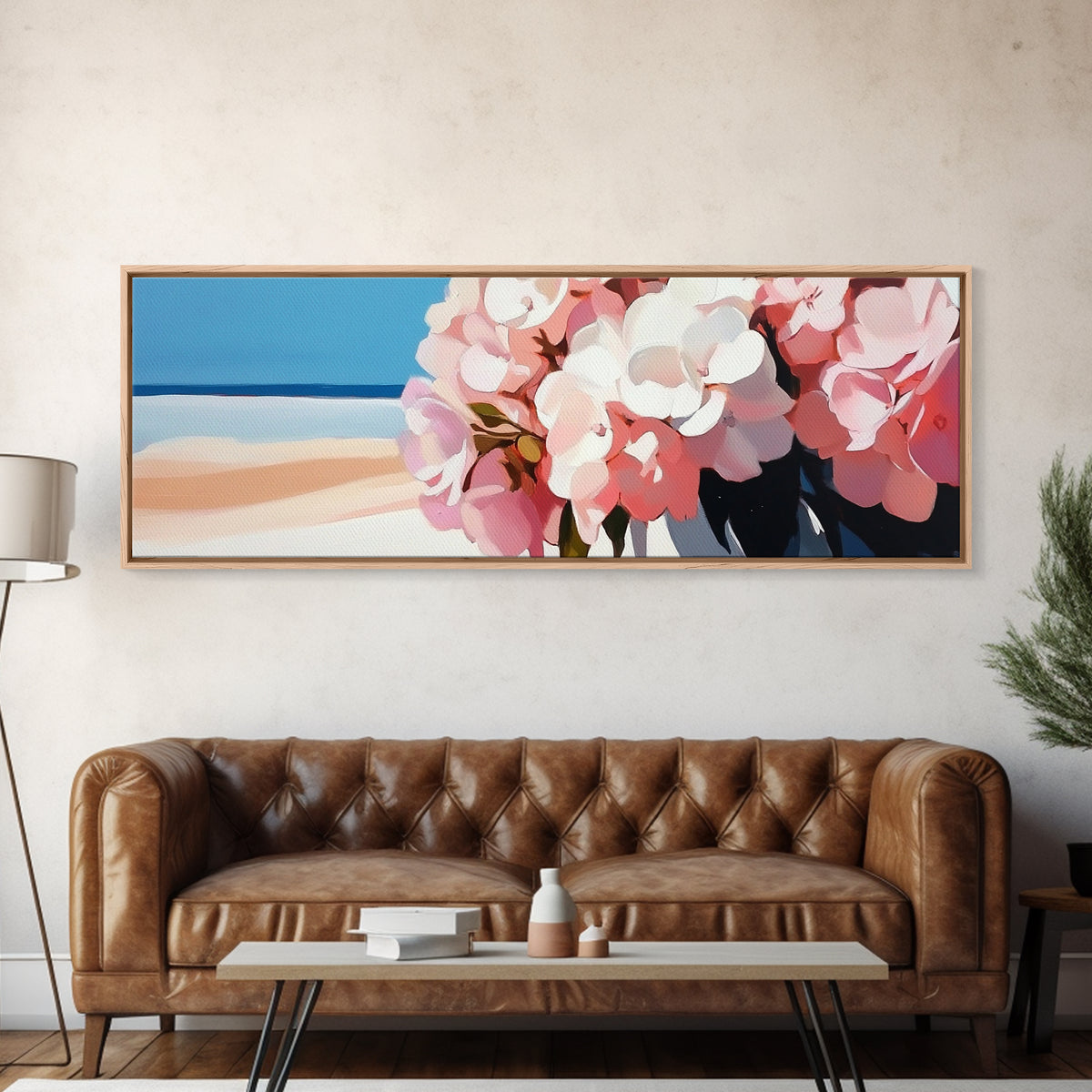 Hydrangea Blooms, Coastal Flowers, Nature Wall Art, Living Room Decor, Summer Aesthetic, Impressionist Style, Framed Canvas Print