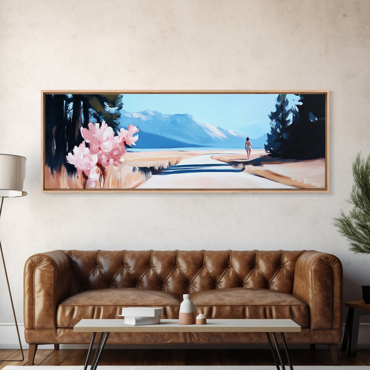 Mountain Retreat, Floral Path, Nature Art, Serene Landscape, Rustic Home Decor, Framed Canvas Print, Warm Neutrals, Modern Wall Art