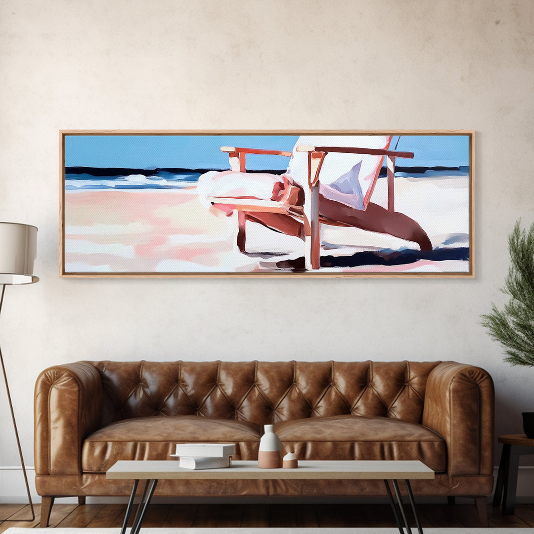 Beach Chair, Coastal Relaxation, Vacation Home Art, Canvas Print, Seaside Aesthetic, Minimalist Beach Painting, Soft Pastel Art