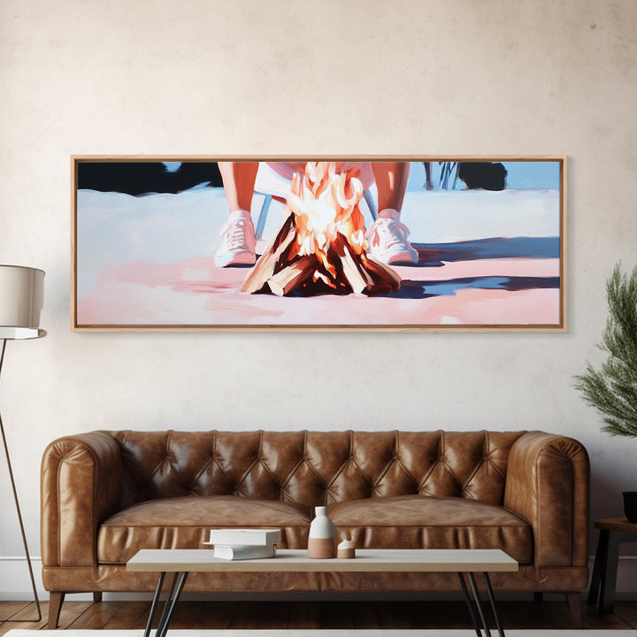 Campfire Scene, Autumn Night Art, Outdoor Adventure, Canvas Print, Rustic Home Decor, Cozy Warmth, Minimalist Fire Painting