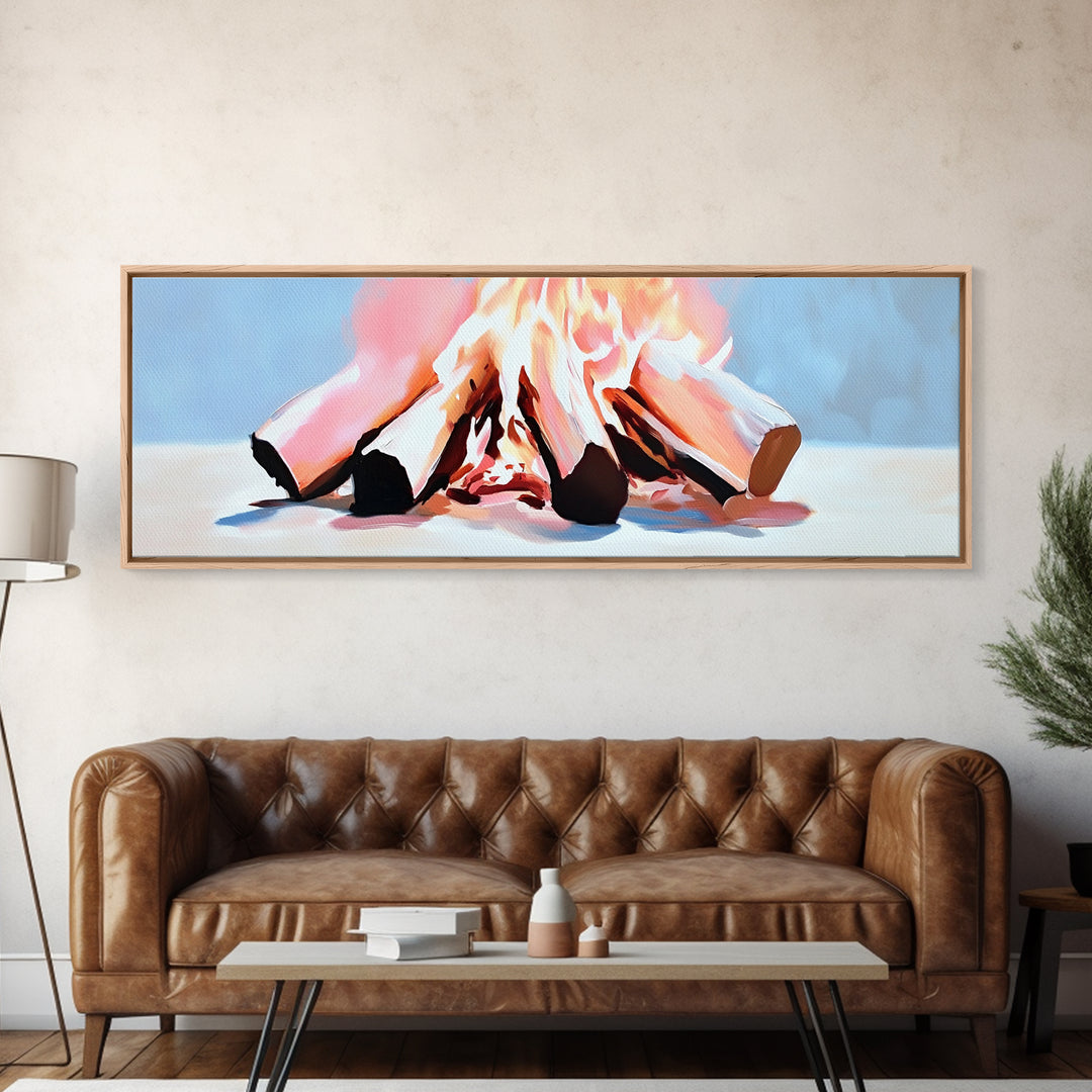 Burning Logs, Cozy Fireplace Art, Rustic Home Wall Decor, Framed Canvas Print, Warm Tones, Cabin Aesthetic, Relaxing Fire Art