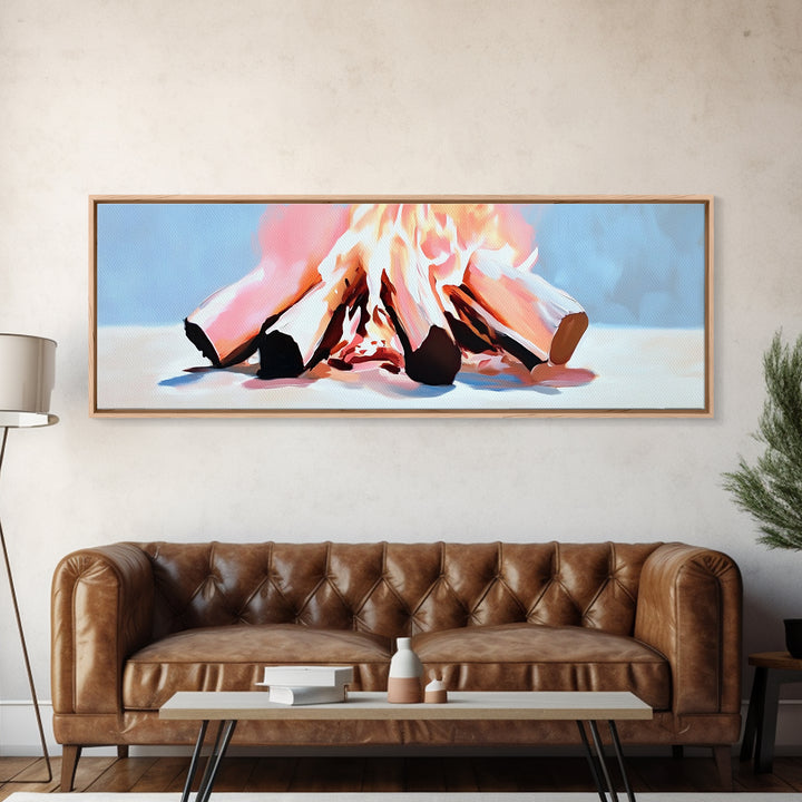 Burning Logs, Cozy Fireplace Art, Rustic Home Wall Decor, Framed Canvas Print, Warm Tones, Cabin Aesthetic, Relaxing Fire Art