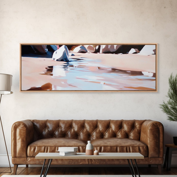 River Rocks, Water Reflection, Nature Landscape, Framed Canvas Print, Earthy Wall Art, Minimalist Zen Painting, Calming Home Decor