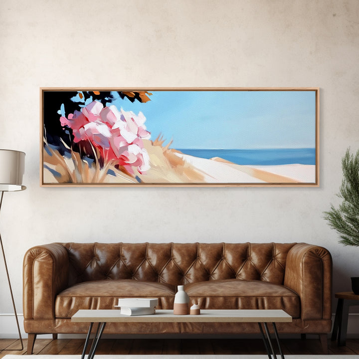 Beach Flowers, Coastal Blossoms, Summer Landscape, Framed Canvas Print, Boho Wall Art, Seaside Painting, Nature Home Decor