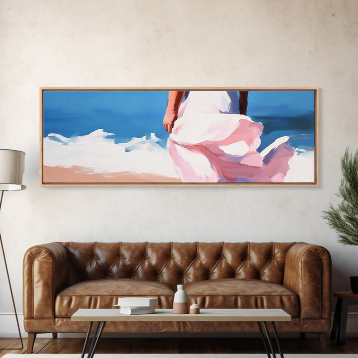 Ocean Breeze, Woman on Beach, Coastal Aesthetic, Framed Canvas Print, Minimalist Art, Boho Wall Decor, Bedroom Wall Artwork