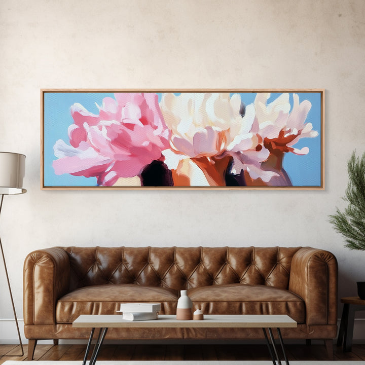 Blooming Peonies, Soft Floral Art, Pastel Wall Decor, Framed Canvas Print, Romantic Aesthetic, Bedroom Wall Art, Feminine Style