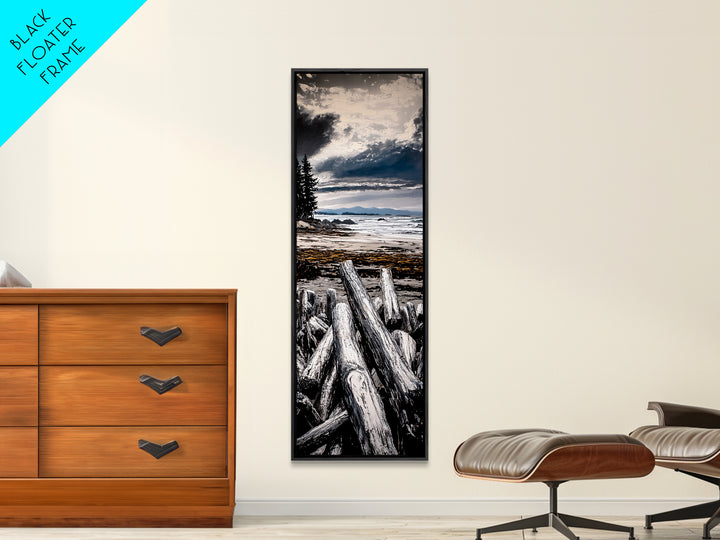 Coastal Beach, Driftwood Shore, Stormy Sky, Framed Canvas Print, Ocean Wall Art, Seaside Decor, Nautical Painting, Living Room Wall Art