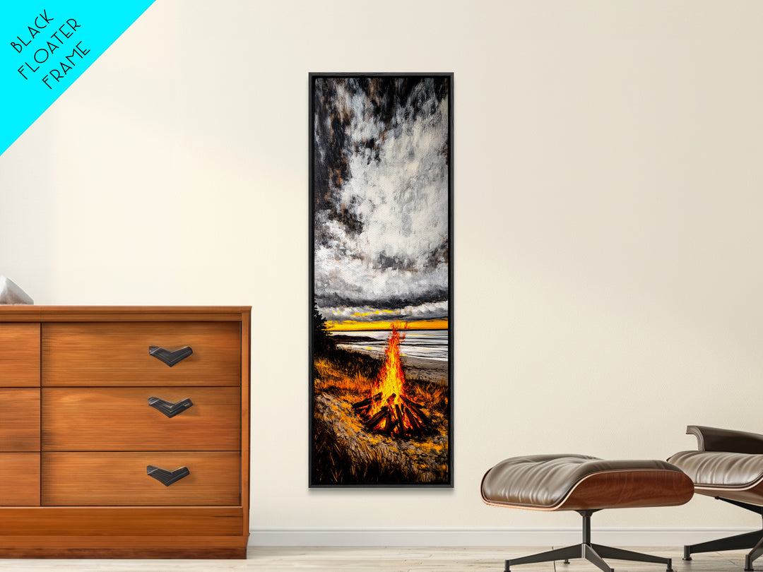 Beach Bonfire, Cozy Fire, Seaside Sunset, Framed Canvas Print, Coastal Home Decor, Relaxing Landscape, Rustic Living Room Wall Art
