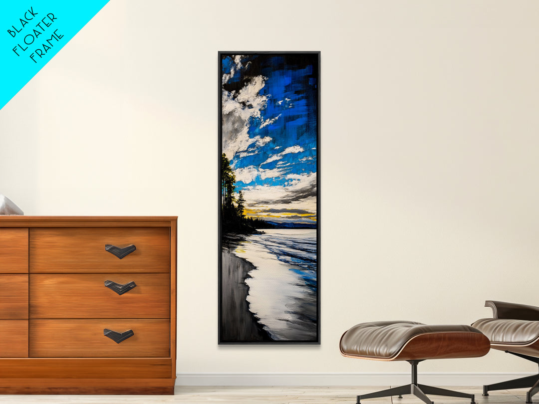 Ocean Sunset View, Coastal Landscape Painting, Blue Sky Wall Art, Beach House Decor, Minimalist Seascape Print, Canvas Print