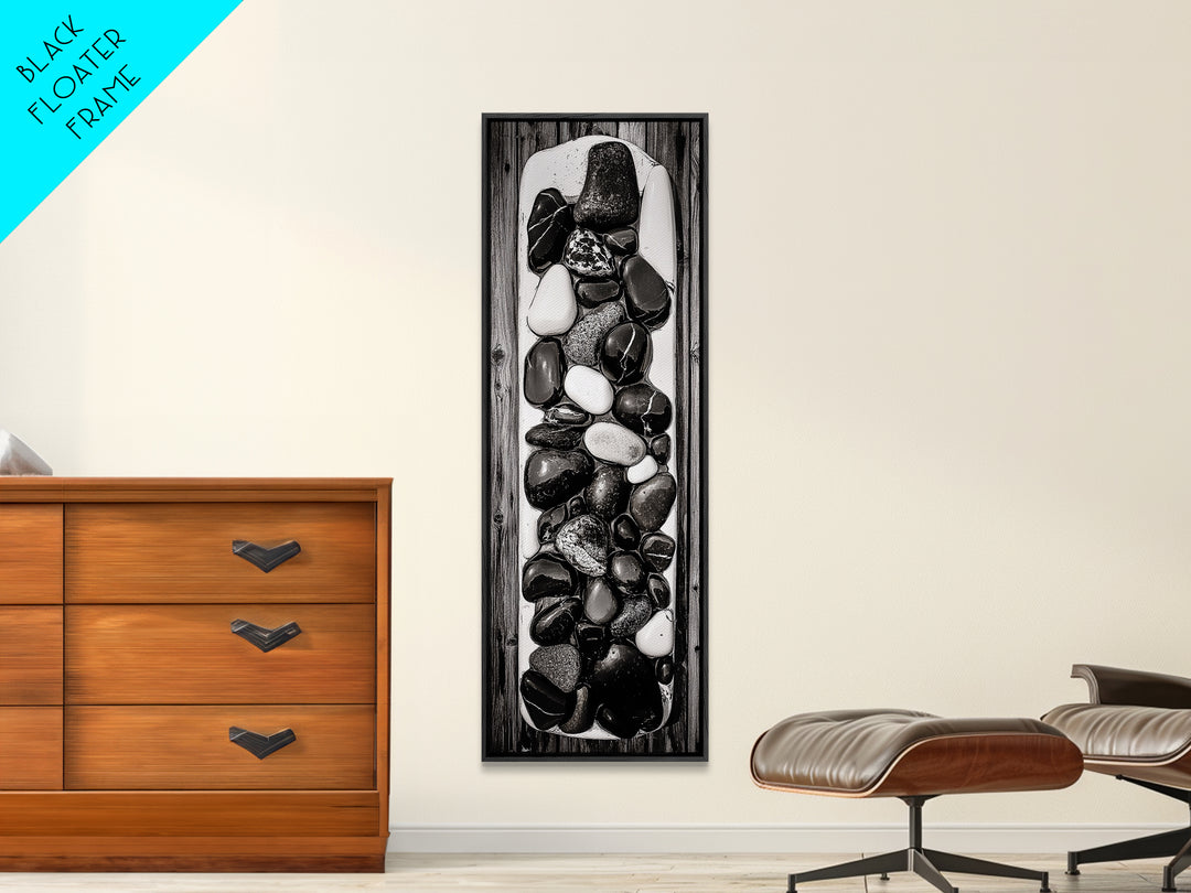 Black and White Stones, Minimalist Rock Art, Rustic Home Decor, Natural Texture Print, Modern Zen Wall Art, Framed Canvas Print