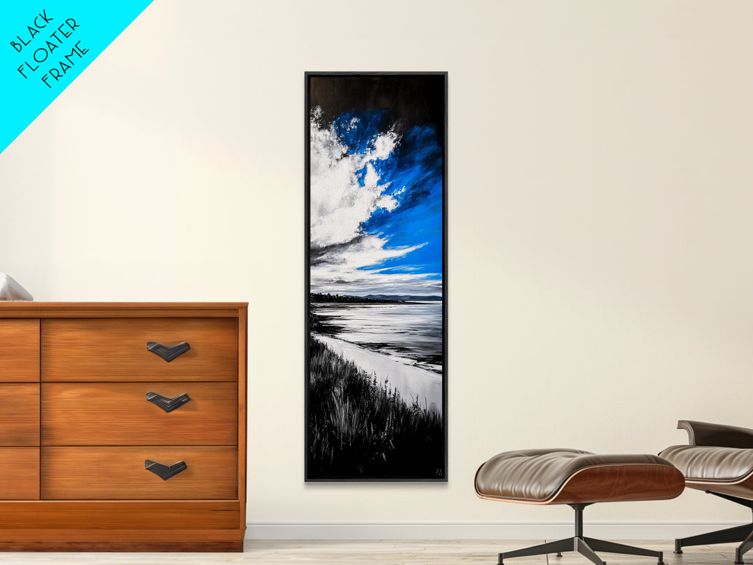 Black and White Beach, Monochrome Seascape, Moody Sky, Nature Photography, Framed Canvas Print, Minimalist Wall Art, Elegant Home Decor