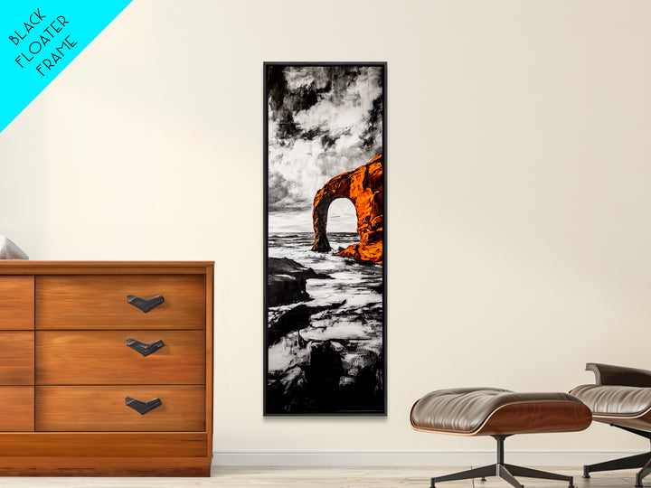 Rock Arch, Ocean Waves, Dramatic Seascape, Black and White Wall Decor, Living Room Art, Framed Canvas Print, Coastal Nature Artwork