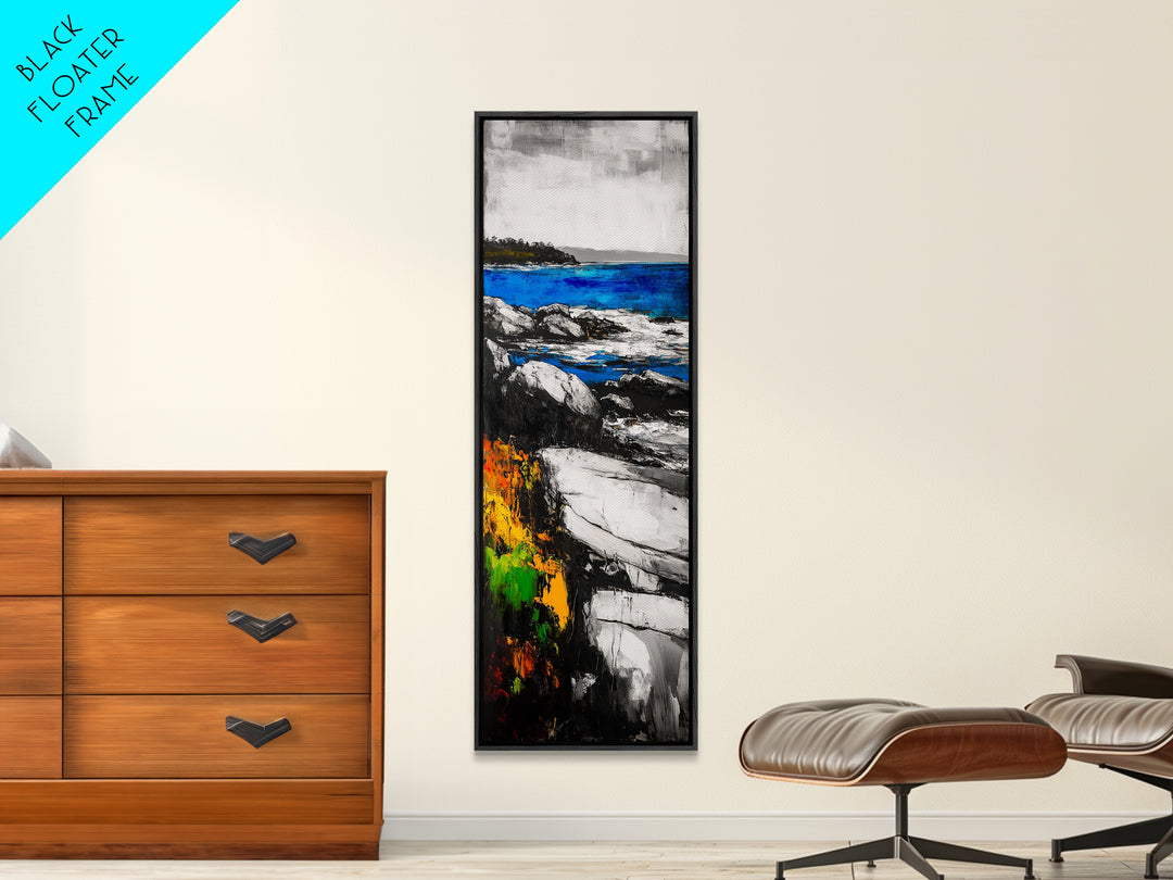 Rocky Coastline, Blue Waters, Seaside View, Framed Canvas Print, Nautical Art, Modern Beach Decor, Living Room Wall Art