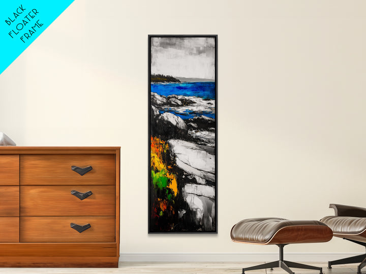 Rocky Coastline, Blue Waters, Seaside View, Framed Canvas Print, Nautical Art, Modern Beach Decor, Living Room Wall Art