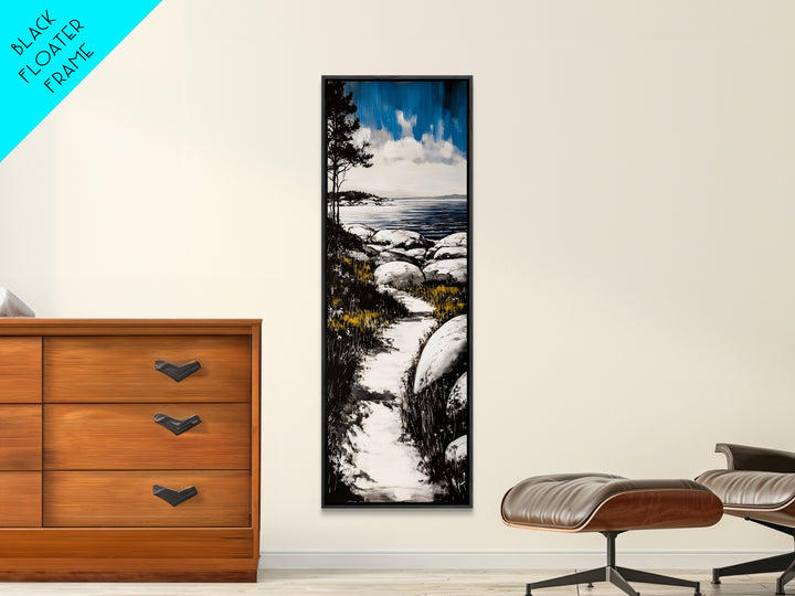 Coastal Landscape, Beach Path Wall Art, Modern Seaside Art, Blue and Black Art, Living Room Decor, Nautical Art, Framed Canvas Print