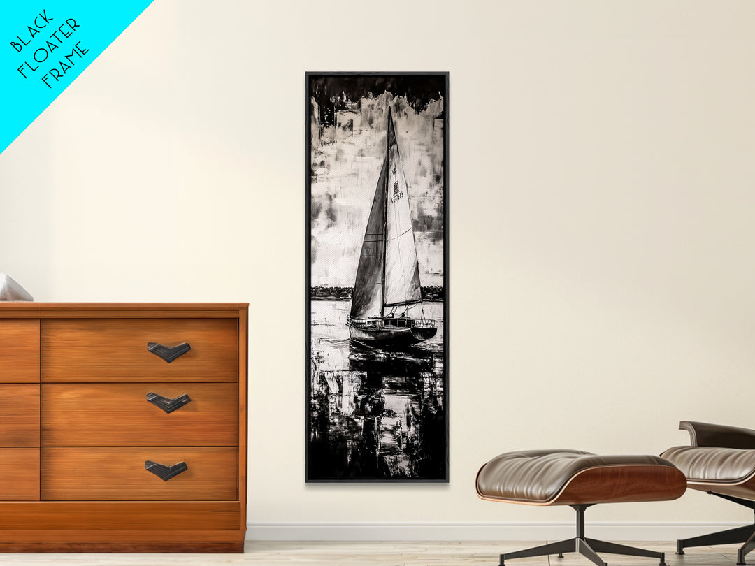 Black and White Sailboat, Nautical Wall Art, Minimalist Seascape Painting, Coastal Home Decor, Office or Bedroom Art, Framed Canvas Print