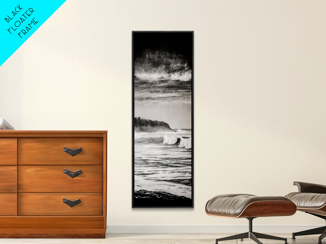 Stormy Waves, Ocean Landscape, Black and White, Framed Canvas Print, Coastal Wall Art, Modern Office Decor, Minimalist Seascape Painting