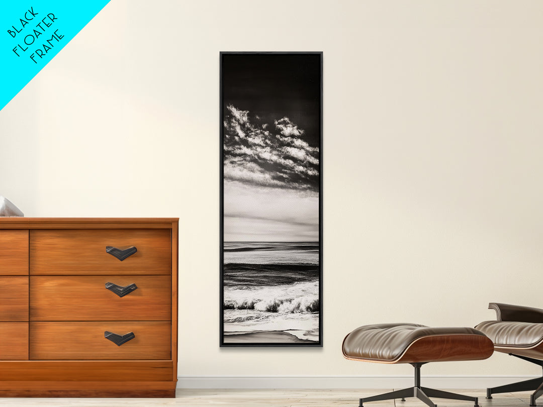 Ocean Horizon, Black and White, Cloudy Sky, Canvas Print, Coastal Wall Art, Minimalist Seascape, Modern Living Room Decor, Nautical Art