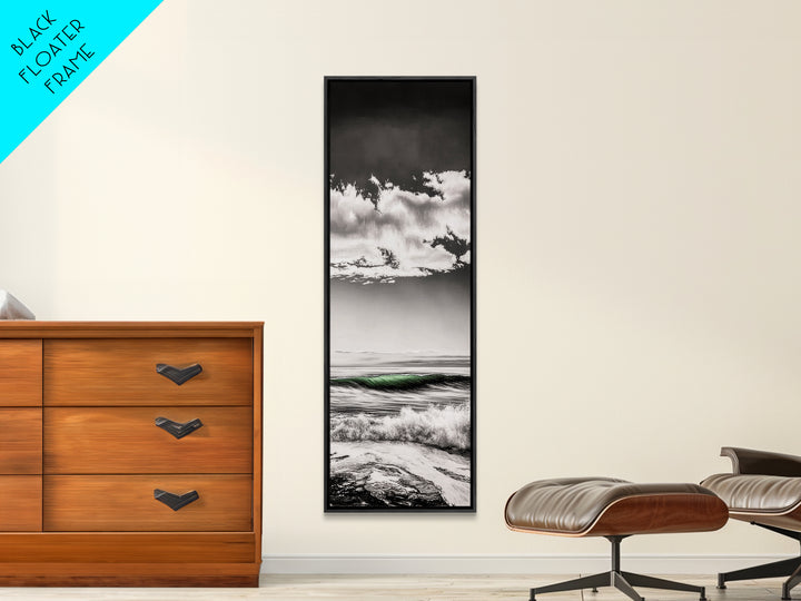Coastal Waves, Black and White, Green Wave, Framed Canvas Print, Modern Beach Wall Art, Minimalist Ocean Decor, Living Room Art