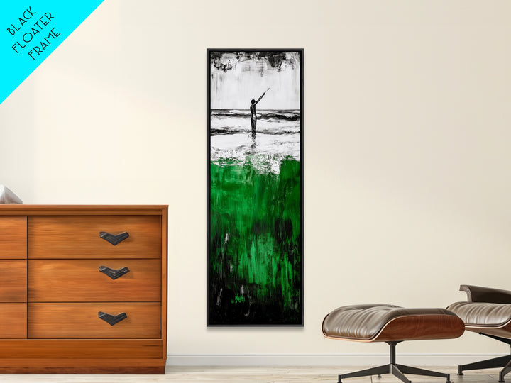 Abstract Ocean, Surreal Water, Green and Black, Framed Canvas Print, Coastal Minimalist Art, Modern Beach Wall Decor, Office Art