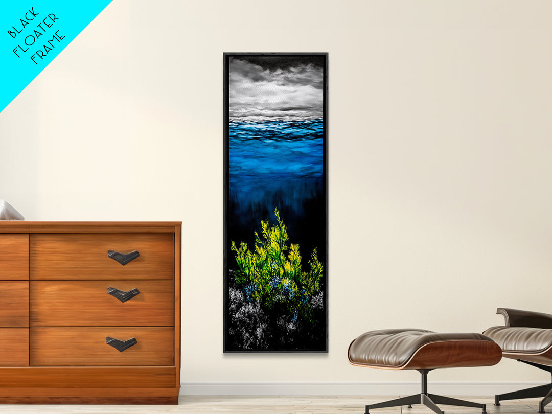 Deep Sea, Blue Water, Ocean Waves, Underwater Scene, Framed Canvas Print, Nautical Wall Art, Bathroom Art, Coastal Home Decor