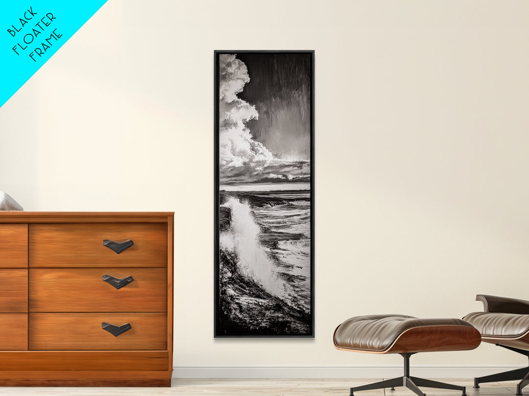 Ocean Power, Wave Crash, Coastal Landscape, Dramatic Seascape, Framed Canvas Print, Black and White Wall Art, Beach House Decor