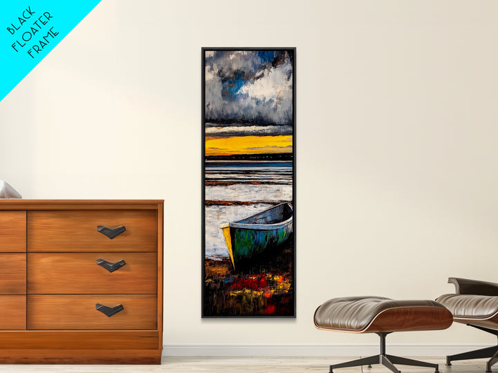 Boat on Shore, Sunset Painting, Coastal Decor, Nautical Wall Art, Framed Canvas Print, Living Room Art, Rustic Seascape, Ocean Scene