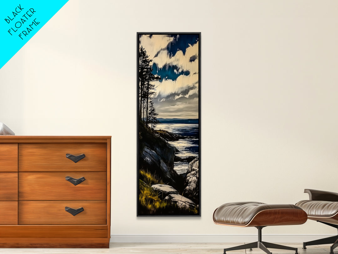 Cliffside View, Coastal Landscape, Nature Wall Art, Tranquil Seascape, Framed Canvas Print, Bedroom Wall Decor, Blue and Green Artwork