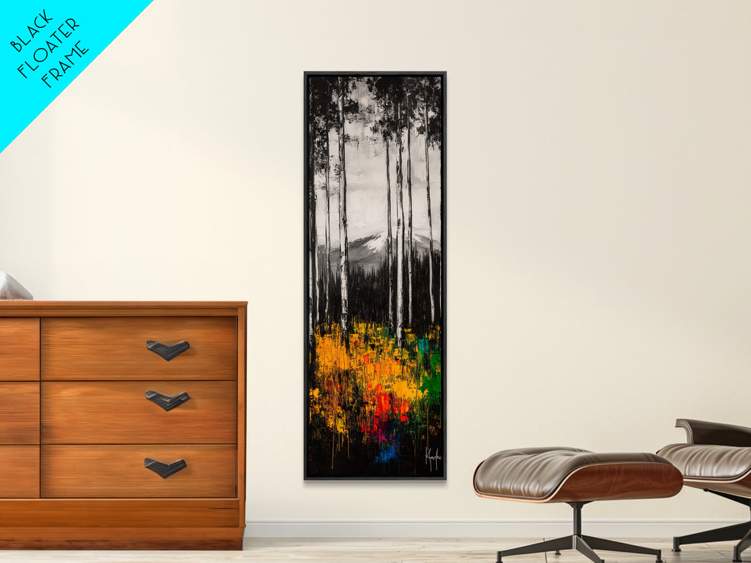 Birch Forest Painting, Mountain Wall Art, Black and White Landscape, Nature Artwork, Cabin Decor, Fall Art, Framed Canvas Print