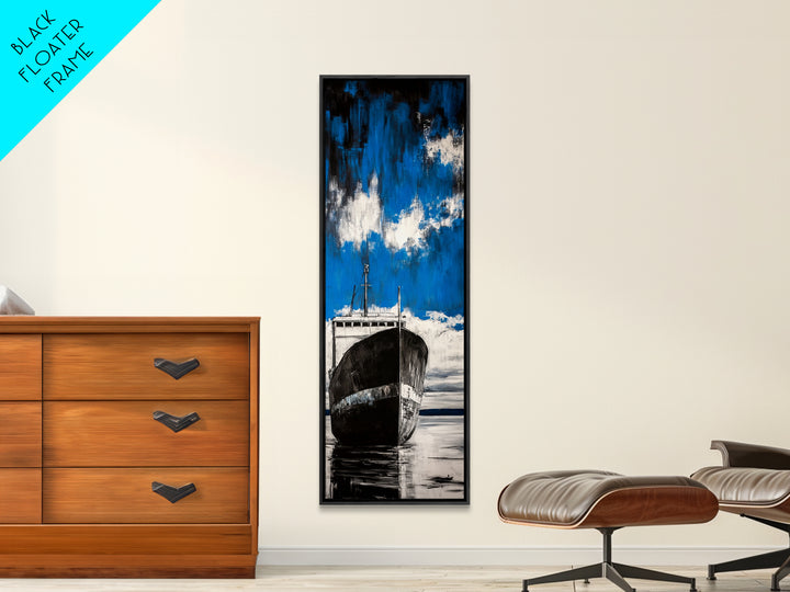 Abandoned Ship, Nautical Artwork, Abstract Seascape, Canvas Print, Coastal Wall Art, Blue Black Art, Living Room Decor, Ocean Painting