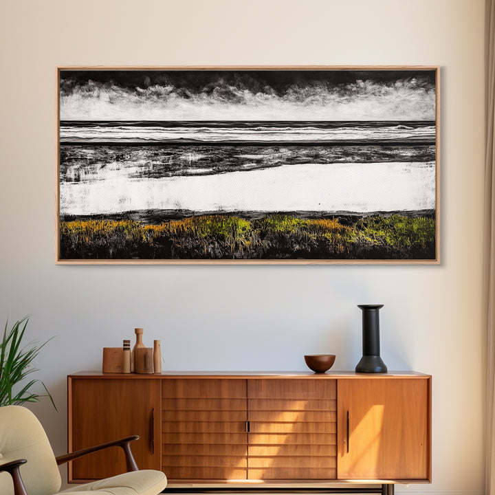 Coastal Horizon, Black and White Beach, Minimalist Seascape, Monochrome Art, Nature Inspired, Framed Canvas Print, Office Wall Decor