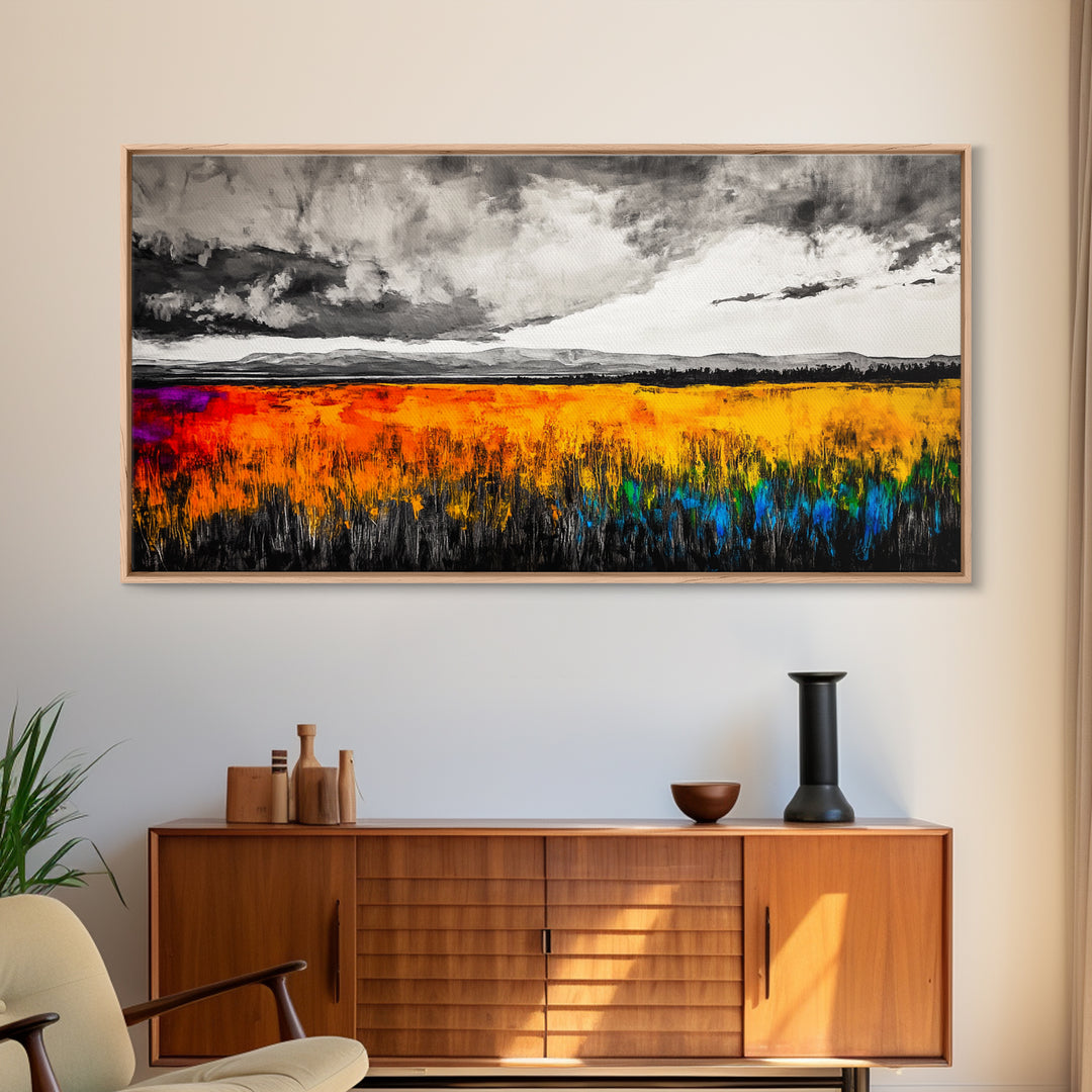 Autumn Meadow, Stormy Sky, Vibrant Fields, Framed Canvas Print, Fall Wall Art, Modern Landscape, Office Decor, Large Wall Art, Farmhouse