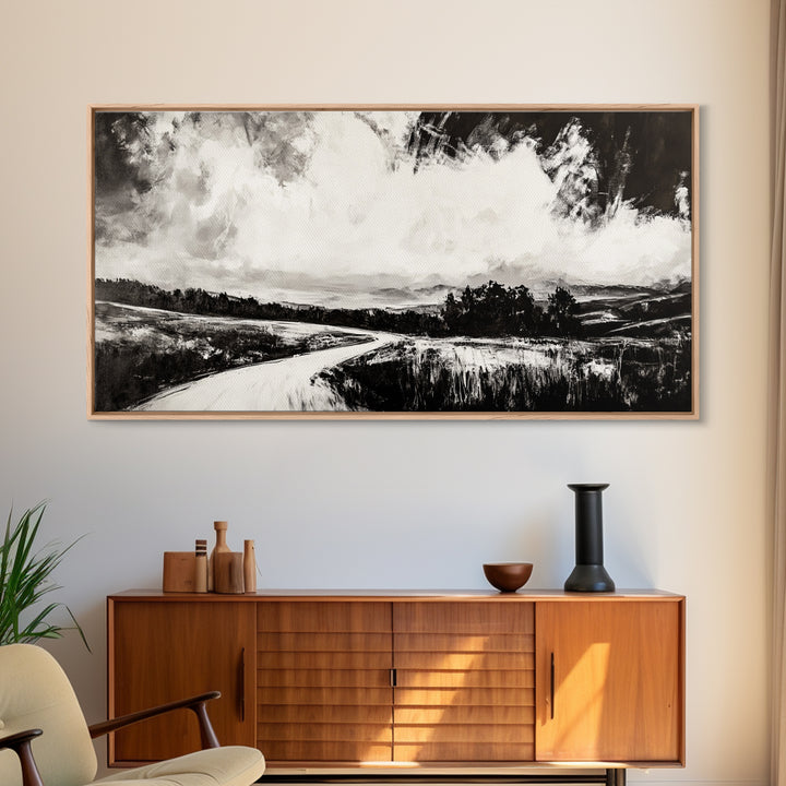 Country Road, Black and White, Minimalist, Framed Canvas Print, Rustic Landscape, Entryway Wall Art, Neutral Wall Decor, Farmhouse Style