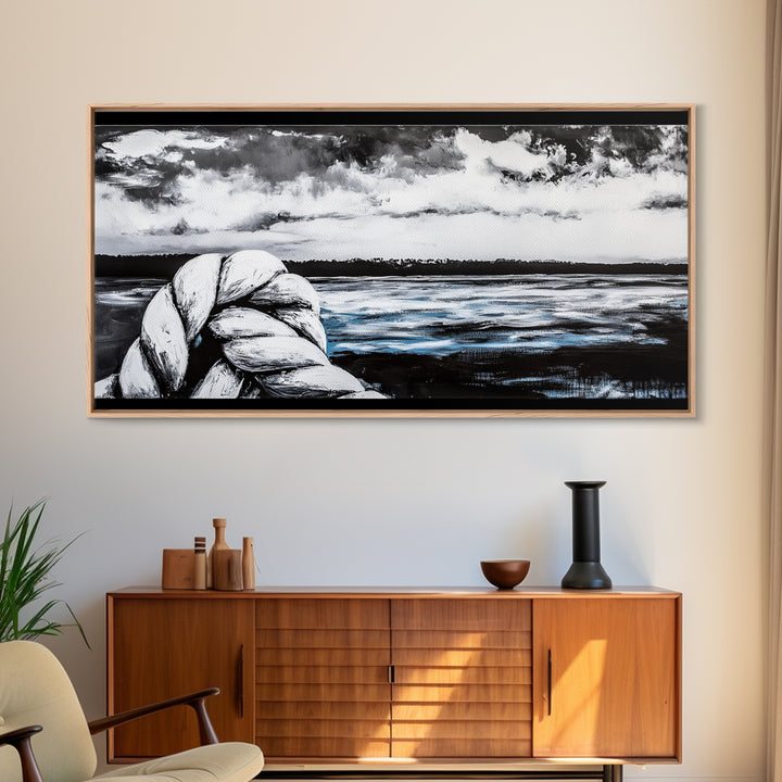 Nautical Art, Coastal Rope, Black and White, Framed Canvas Print, Beach House Decor, Minimalist Wall Art, Modern Ocean Painting