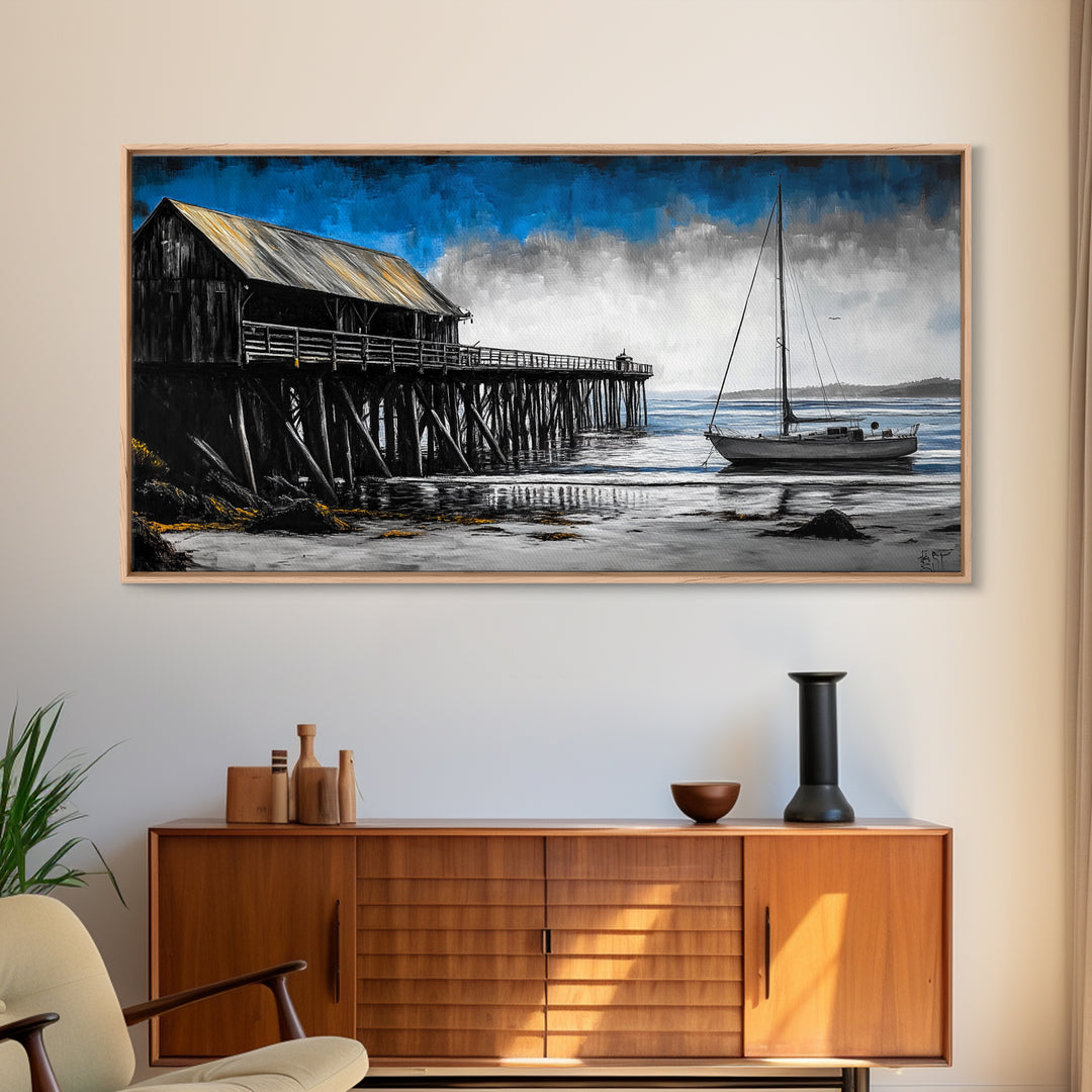 Pier and Boat, Seaside Wall Art, Coastal Landscape, Framed Canvas Print, Nautical Home Decor, Large Artwork, Ocean Painting