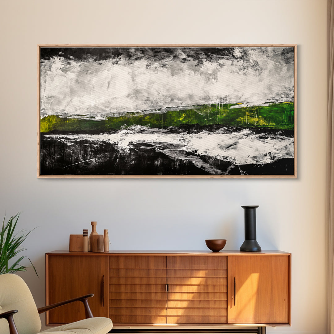 Abstract Expressionism, Black White Green, Dramatic Landscape, Framed Canvas Print, Modern Wall Art, Statement Artwork, Living Room Decor