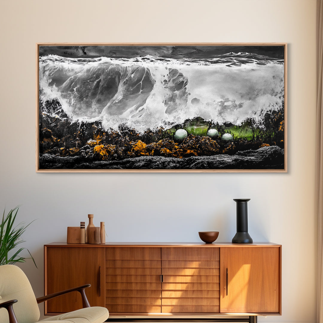 Crashing Waves, Ocean Foam, Textured Seascape, Black and White Art, Coastal Home Decor, Nautical Wall Art, Modern Art, Framed Canvas Print