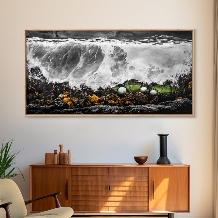 Crashing Waves, Ocean Foam, Textured Seascape, Black and White Art, Coastal Home Decor, Nautical Wall Art, Modern Art, Framed Canvas Print
