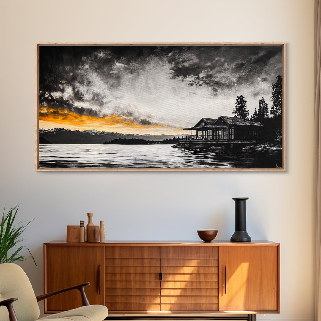 Sunset Cabin, Lake House Art, Mountain Retreat, Framed Canvas Print, Rustic Home Decor, Nature Wall Art, Bedroom Wall Art