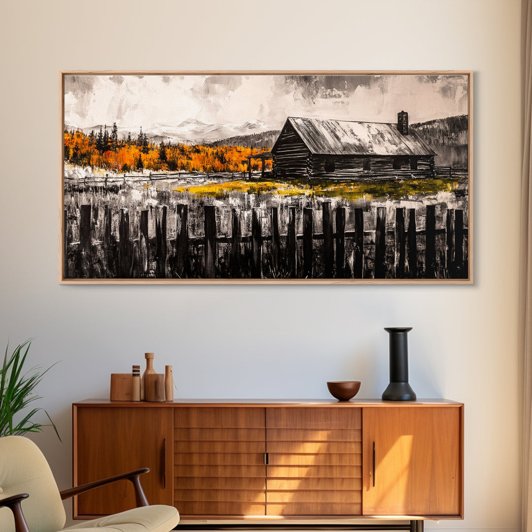 Rustic Cabin, Fall Foliage, Country Home Art, Canvas Print, Autumn Wall Decor, Farmhouse Wall Art, Cozy Living Room Art