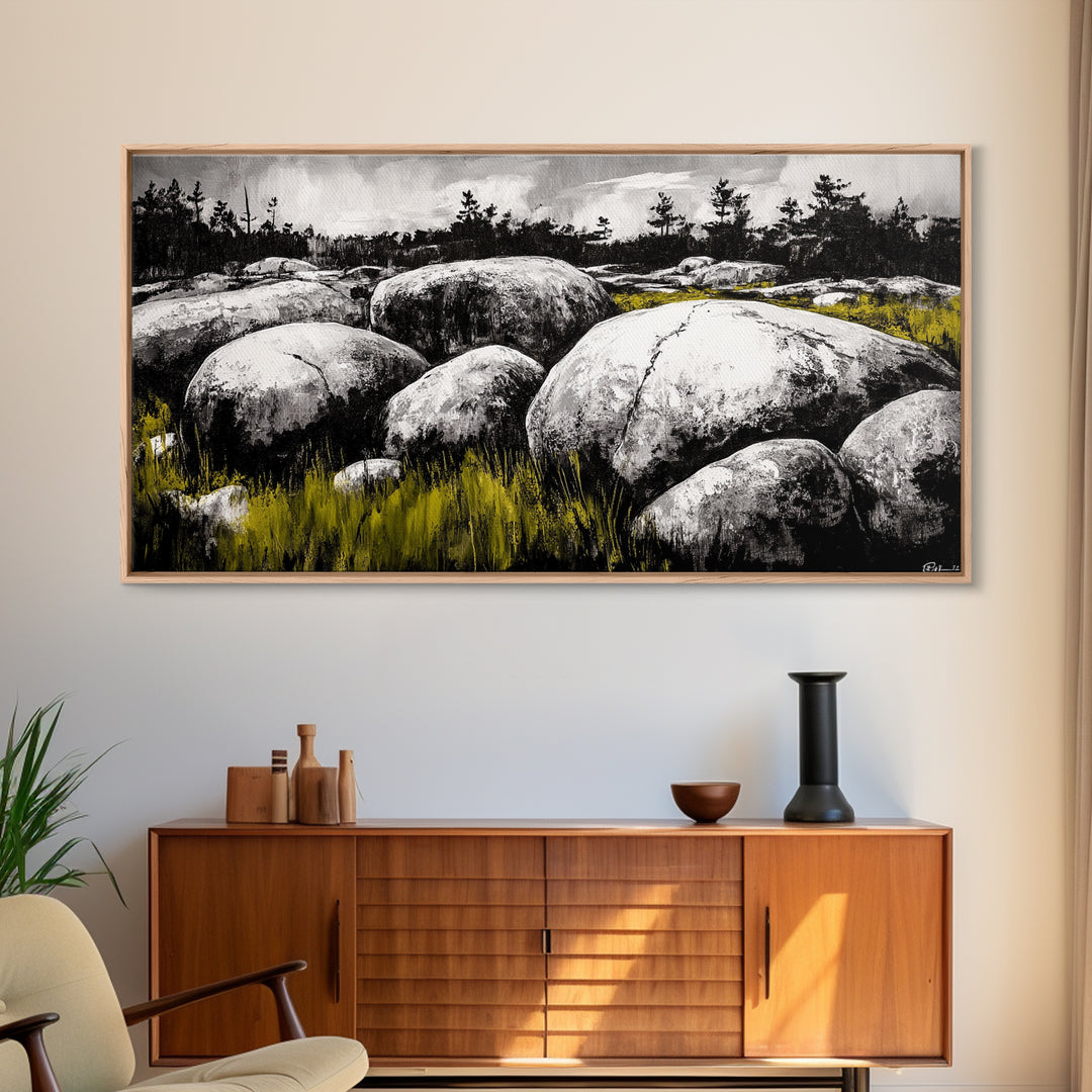 Boulder Landscape, Black and White, Nature Scene, Framed Canvas Print, Rustic Wall Art, Minimalist Decor, Wilderness Theme, Cabin Art