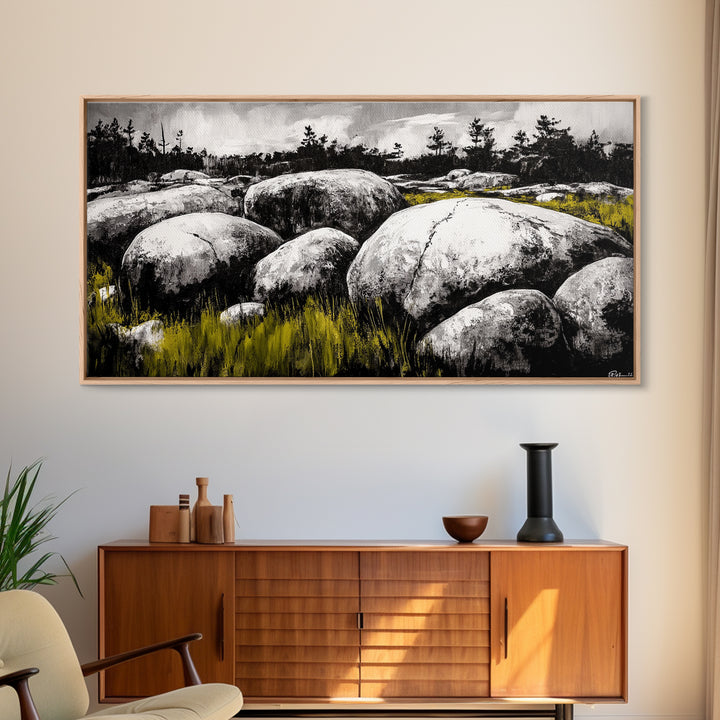 Boulder Landscape, Black and White, Nature Scene, Framed Canvas Print, Rustic Wall Art, Minimalist Decor, Wilderness Theme, Cabin Art
